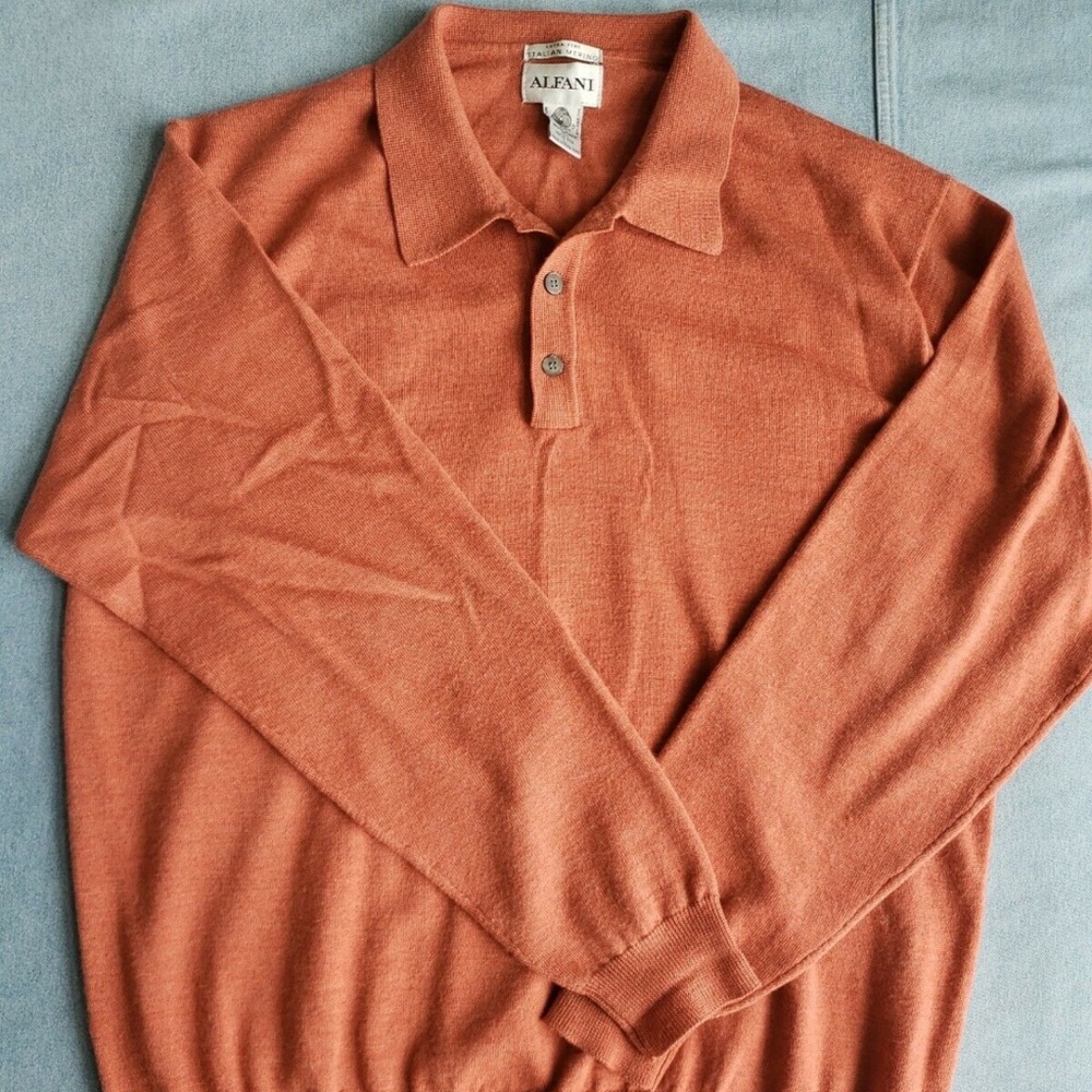 Alfani Men's XXL Orange Ex Fine Italian 100% Merino Wool Collared Henley Sweater